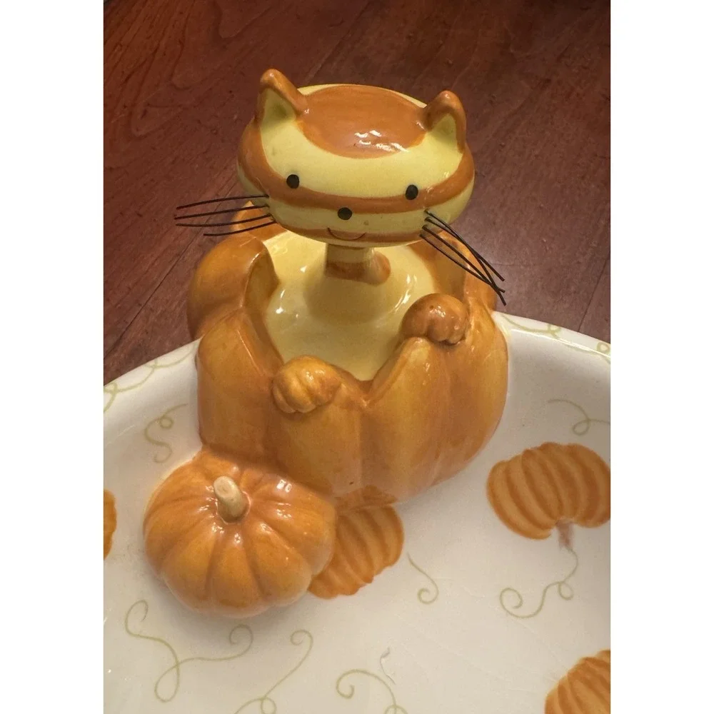 Tabby Cat Jack-O-Lantern Pumpkin Halloween Candy Dish Bowl Striped Orange Yellow